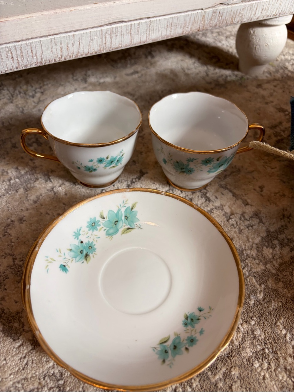 Vintage Teacup and Saucer Set in Aqua Floral with Gold Trim